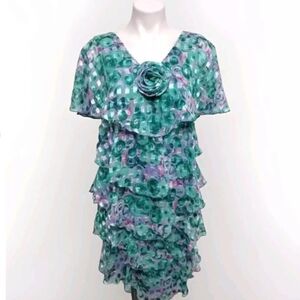 Vintage Patra Gatsby Flapper Ruffled Tiered Dress Size 6 Shimmery Floral Retro